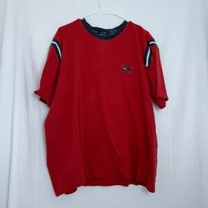 Vintage‎ 90s Tommy Jeans Red Ribbed T-Shirt Striped Shoulders Casual Top XXL